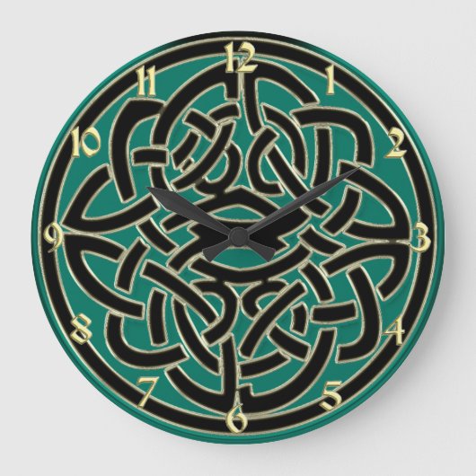 Green Black and Gold Celtic Knot Wall Clock Große Wanduhr (Vorderseite)