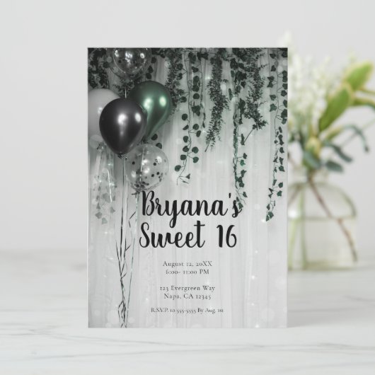 Green Black Balloons Ivy Dschungel Party Sweet 16 Einladung (Stehend Vorderseite)