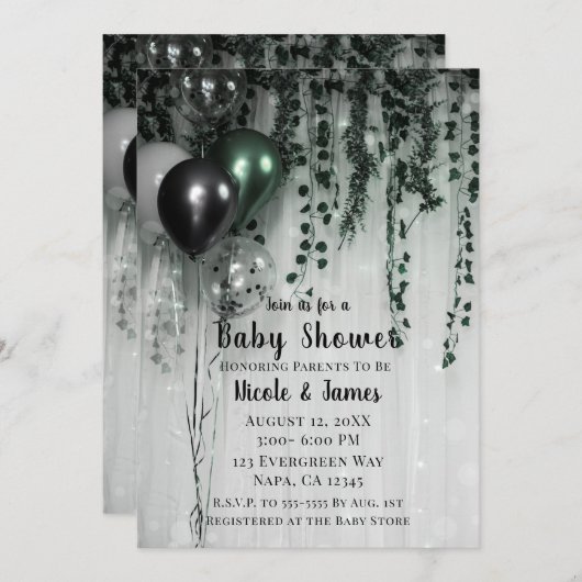 Green Black Balloons Ivy Jungle Party Babydusche Einladung (Vorne/Hinten)