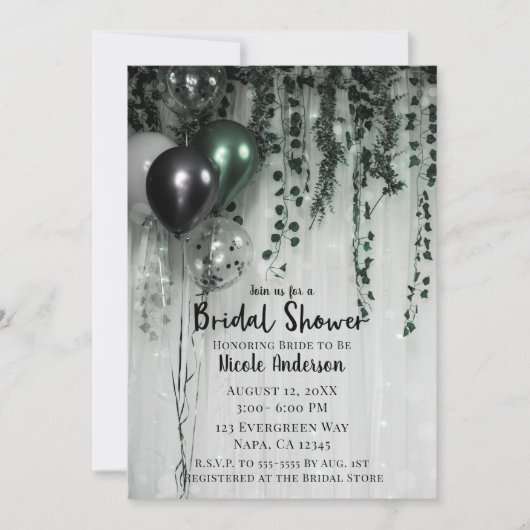 Green Black Balloons Jungle Ivy Brautparty Einladung (Vorderseite)
