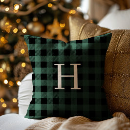 GREEN Black Buffalo Plaid Monogram Holiday Kissen