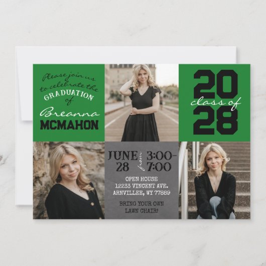 Green & Black Chalkboard 3 Foto Abschluss Einladung (Vorderseite)