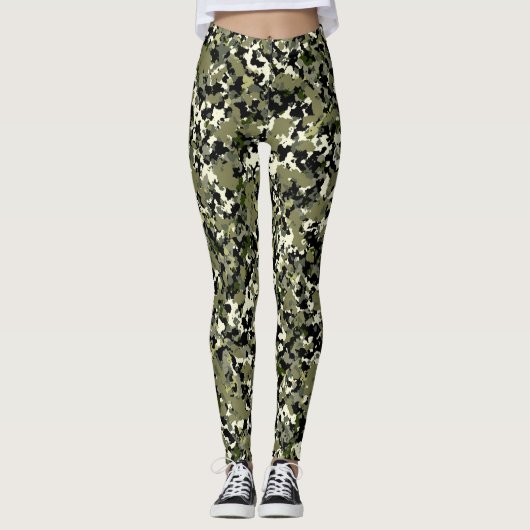 Green Black Cream Camouflage Muster drucken Leggings (Vorderseite)