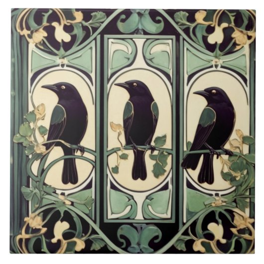 Green Black Crow Birds Art Nouveau Art Deco Bird Fliese (Vorderseite)