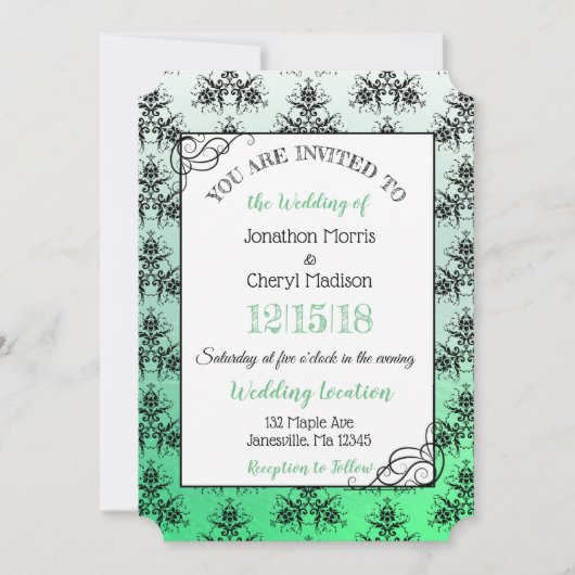 Green Black Damask Classy Wedding Einladungen (Vorderseite)