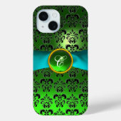 GREEN BLACK DAMASK GEM MONOGRAM Aqua Case-Mate iPhone Hülle (Rückseite)