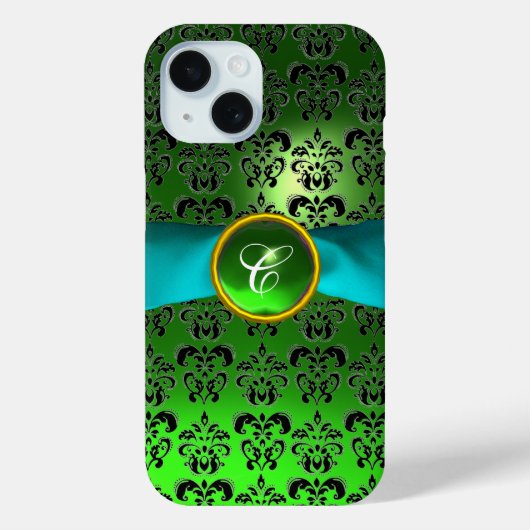 GREEN BLACK DAMASK GEM MONOGRAM Aqua Case-Mate iPhone Hülle (Rückseite)