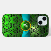 GREEN BLACK DAMASK GEM MONOGRAM Aqua Case-Mate iPhone Hülle (Rückseite (Horizontal))