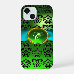 GREEN BLACK DAMASK GEM MONOGRAM Aqua iPhone 15 Hülle