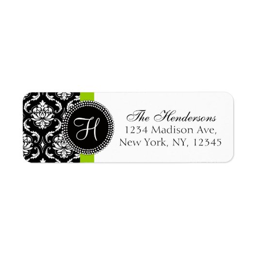 Green Black Damask Monogram Wedding Address Label (Vorne)