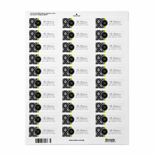 Green Black Damask Monogram Wedding Address Label (Vorne)