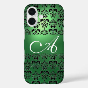 GREEN BLACK DAMASK MONOGRAMM Floral iPhone 16 Hülle