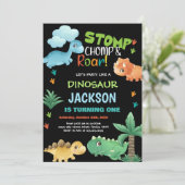 Green Black Dinosaur Geburtstagseinladungen Einladung (Stehend Vorderseite)