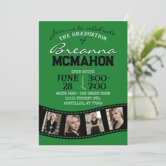 Green & Black Filmstrip 5 Foto Abschluss Einladung