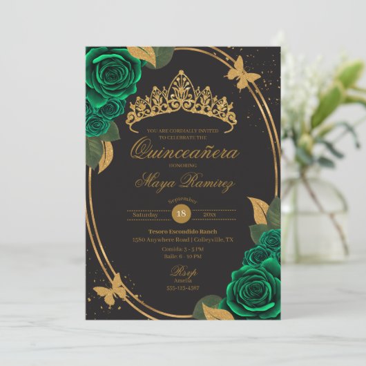 Green Black Gold Glitzern Butterfly Quinceñera Einladung (Stehend Vorderseite)