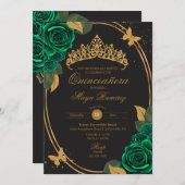 Green Black Gold Glitzern Butterfly Quinceñera Einladung (Vorne/Hinten)