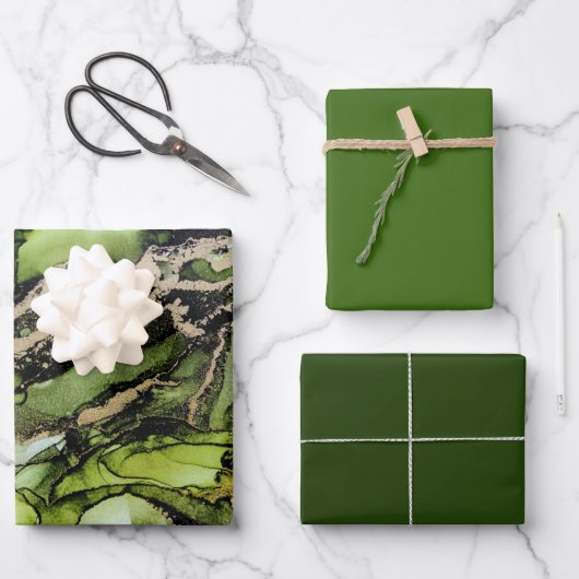 Green Black Gold Wrapping Paper Sheets Geschenkpapier Set (Vorderseite)