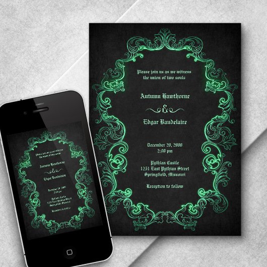 Green Black Gothic Wedding Einladung