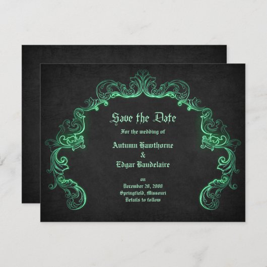Green Black Gothic Wedding Save The Date (Vorne/Hinten)