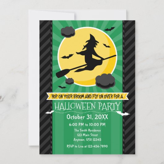 Green Black Grey Hexe Halloween Einladung (Vorderseite)
