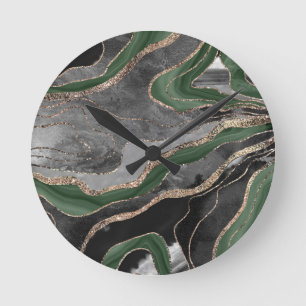 Green Black Marble Agate Gold Glitter Glam #1  Runde Wanduhr