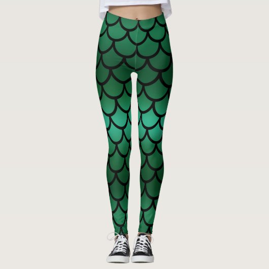 Green & Black Mermaid Scales Fantasy Fish Leggings (Vorderseite)