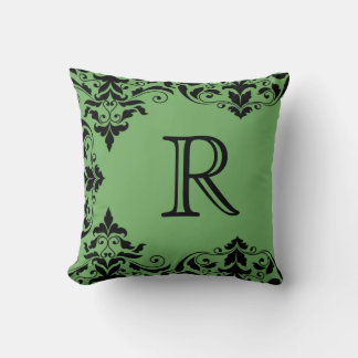 Green & Black Monogram Damask Pilze Kissen