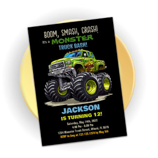 Green Black Monster Truck Birthday Einladungen