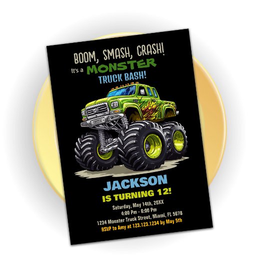 Green Black Monster Truck Birthday Einladungen