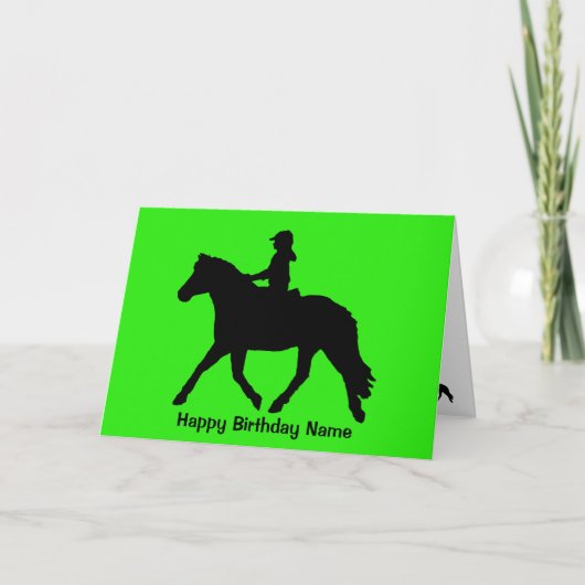 Green Black Niedlich Pony Rider Silhouette Geburts Karte (Vorderseite)