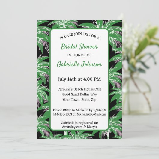Green Black Palm Tree Modern Summer Shower Party Einladung (Stehend Vorderseite)