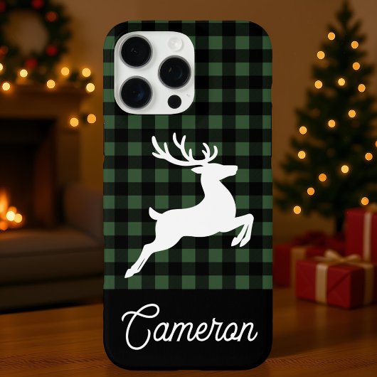 Green & Black Plaid with Reindeer Custom Name Case-Mate iPhone Hülle