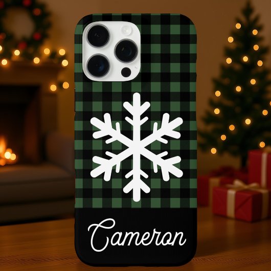 Green & Black Plaid with Snowflake Custom Name Case-Mate iPhone Hülle