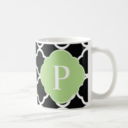 Green Black Quatrefoil Monogramm Kaffeetasse (Rechts)