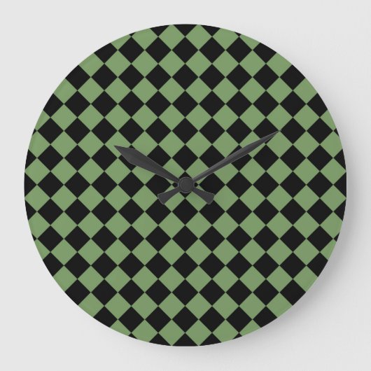 Green Black Schachbrett Diamond Pattern Große Wanduhr (Vorderseite)