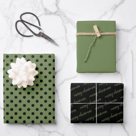 Green Black Small Polka Dot Frohe Weihnachten Geschenkpapier Set (Vorderseite)
