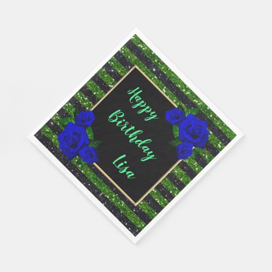 Green Black Strip Glitzer Deep Blue Rose Geburtsta Serviette (Ecke)