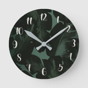 Green & Black Tropical Leaves Botanical Chic Runde Wanduhr