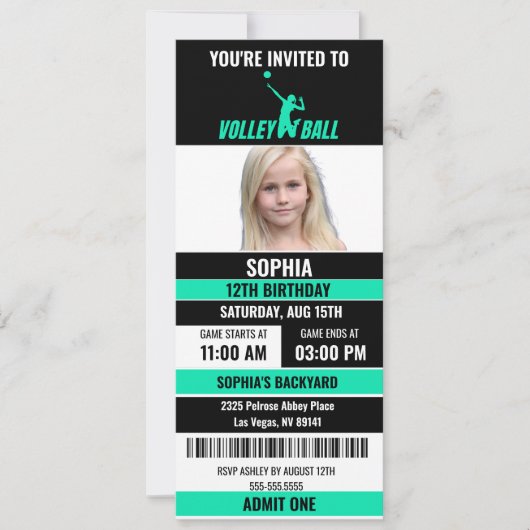 Green Black Volleyball Ticket Geburtstag Foto Einladung (Vorderseite)