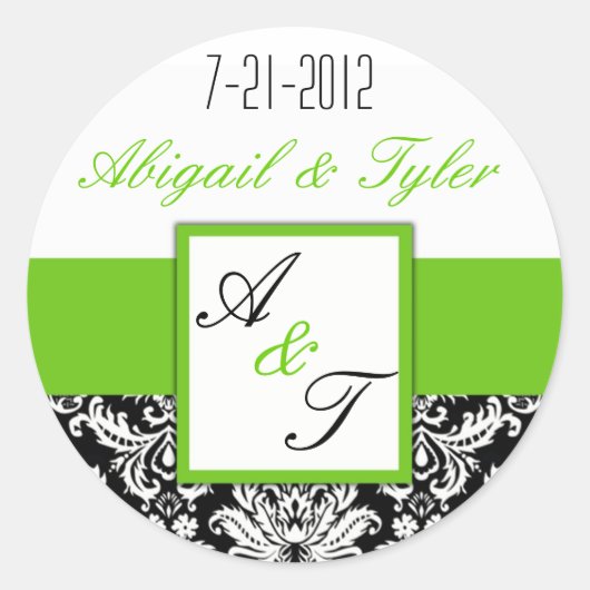 Green Black Wedding Monogram Damask Sticker (Vorderseite)