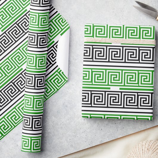 Green Black White Greek Key Fret Pattern Design Geschenkpapier