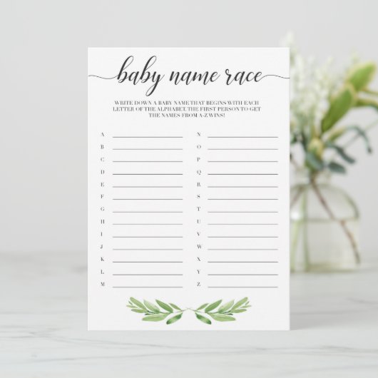 Green Blätter Baby Shower Baby Name Race Game (Stehend Vorderseite)