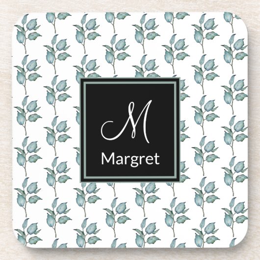 Green Blätter Garden Pattern Monogram personalisie Getränkeuntersetzer (Vorderseite)
