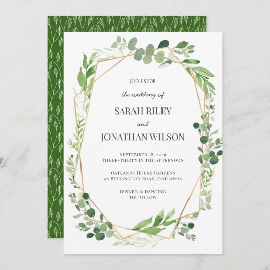 Green Blätter gold Terrarium Hochzeitseinladung Einladung (Vorne/Hinten)