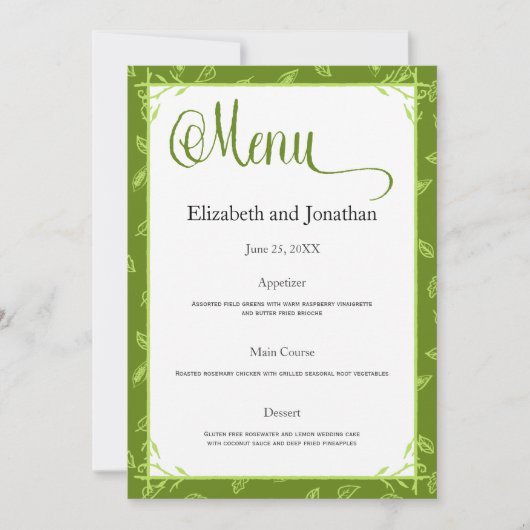 Green Blätter Wedding Reception Menu Card Einladung (Vorderseite)