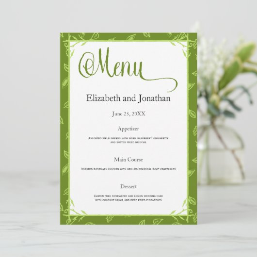 Green Blätter Wedding Reception Menu Card Einladung (Stehend Vorderseite)