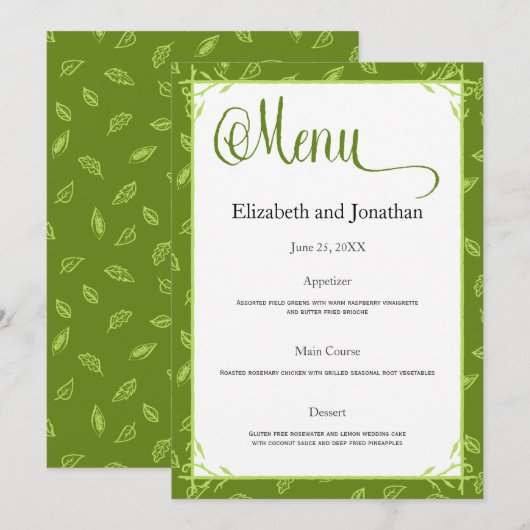 Green Blätter Wedding Reception Menu Card Einladung (Vorne/Hinten)