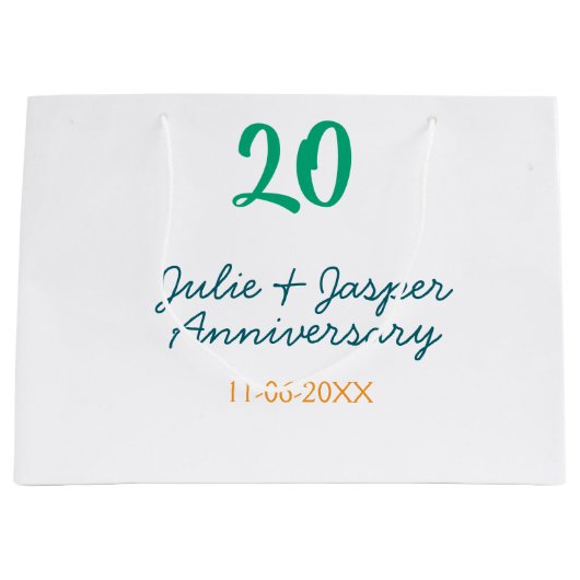 Green blue 20th anniversary name date orange große geschenktüte (Vorderseite)