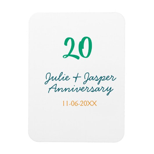 Green blue 20th anniversary name date orange  magnet (Vertikal)