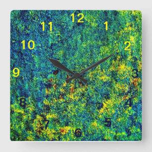 Green Blue Abstrakt Blume Square Wall Clock Quadratische Wanduhr